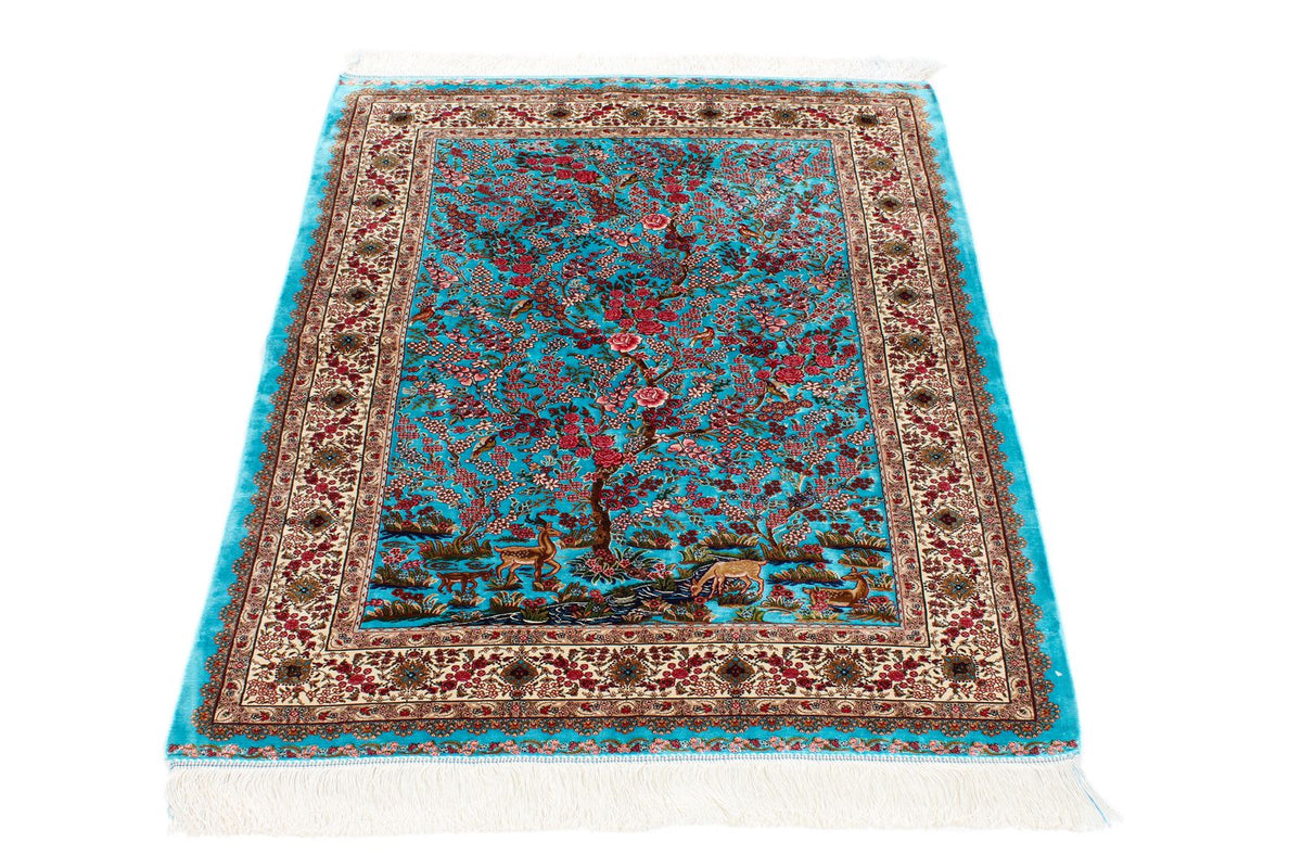 3x5 Blue and Ivory Turkish Silk Rug