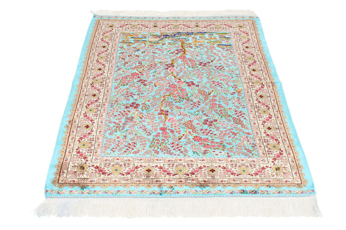 3x5 Blue and Ivory Turkish Silk Rug