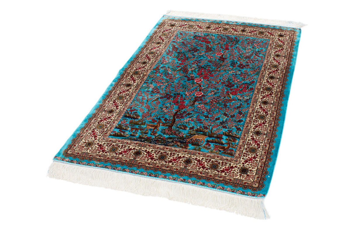 3x5 Blue and Ivory Turkish Silk Rug