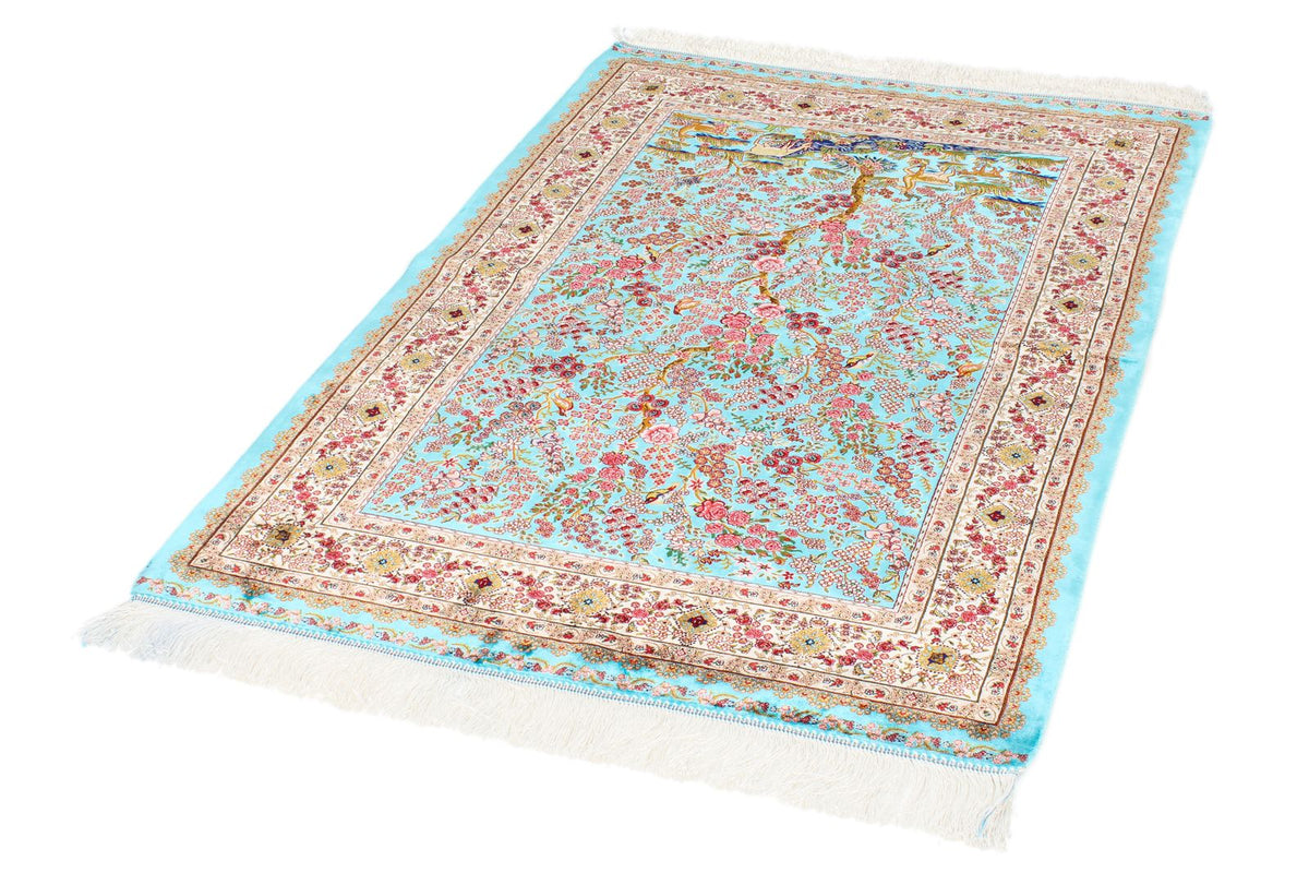 3x5 Blue and Ivory Turkish Silk Rug