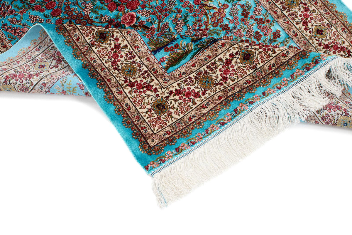 3x5 Blue and Ivory Turkish Silk Rug