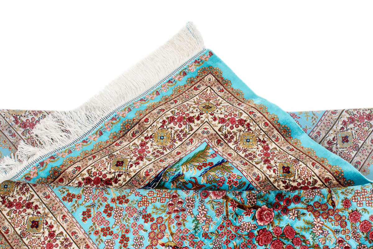 3x5 Blue and Ivory Turkish Silk Rug