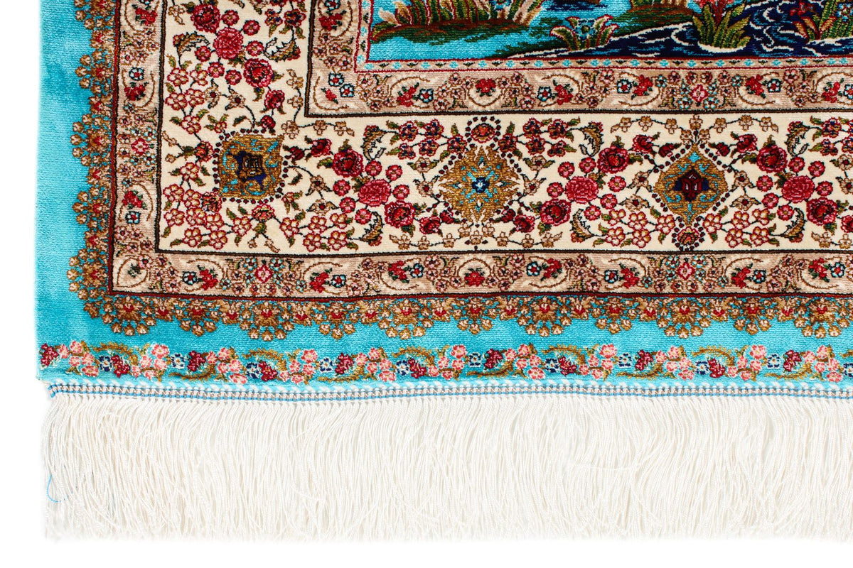 3x5 Blue and Ivory Turkish Silk Rug