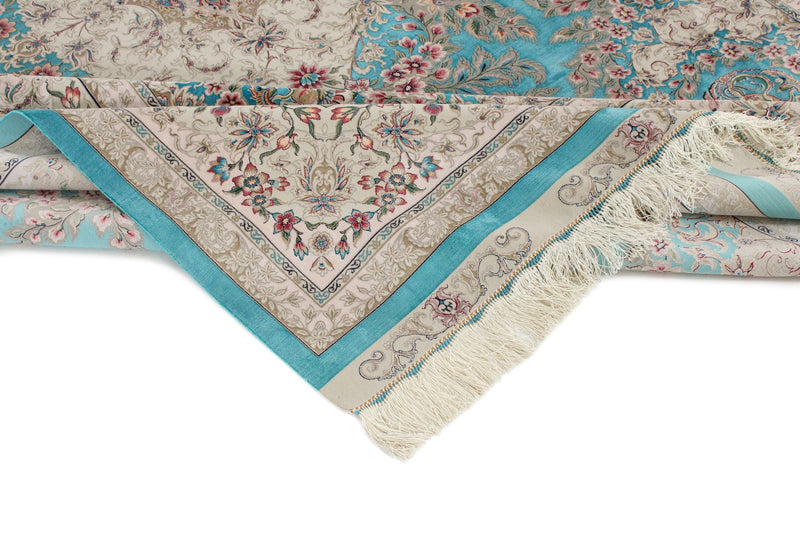 7x10 Turquoise and Pink Turkish Silk Rug