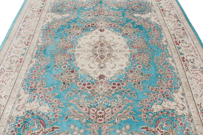 7x10 Turquoise and Pink Turkish Silk Rug