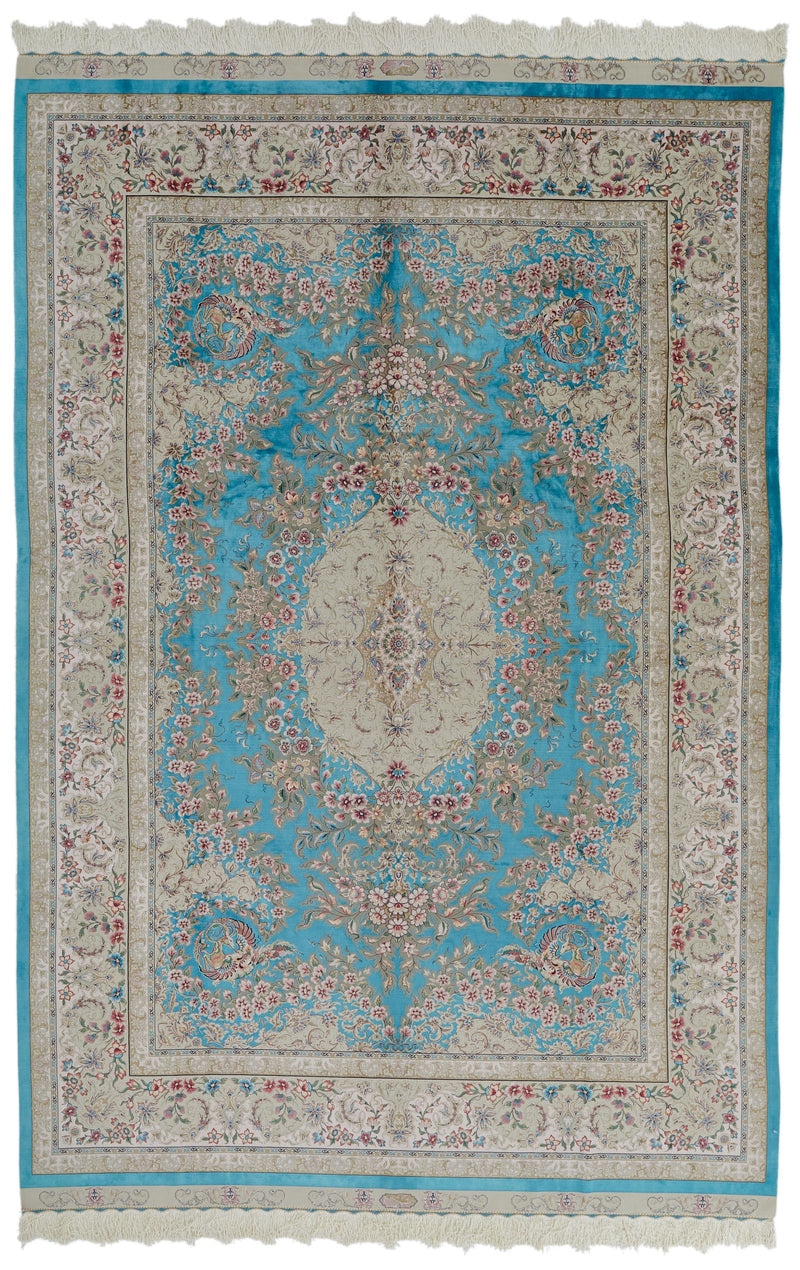 7x10 Turquoise and Pink Turkish Silk Rug