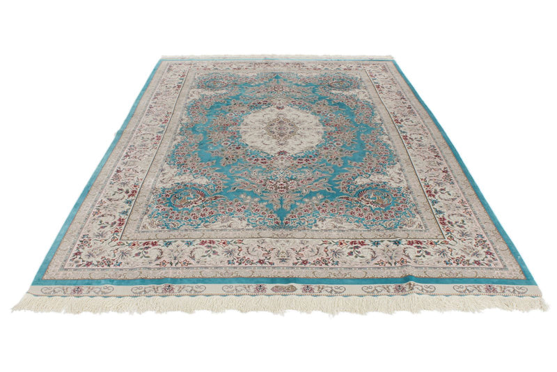 7x10 Turquoise and Pink Turkish Silk Rug