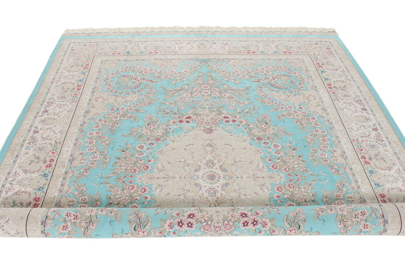 7x10 Turquoise and Pink Turkish Silk Rug