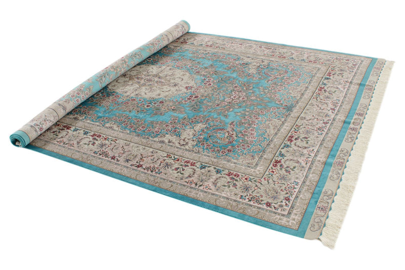 7x10 Turquoise and Pink Turkish Silk Rug