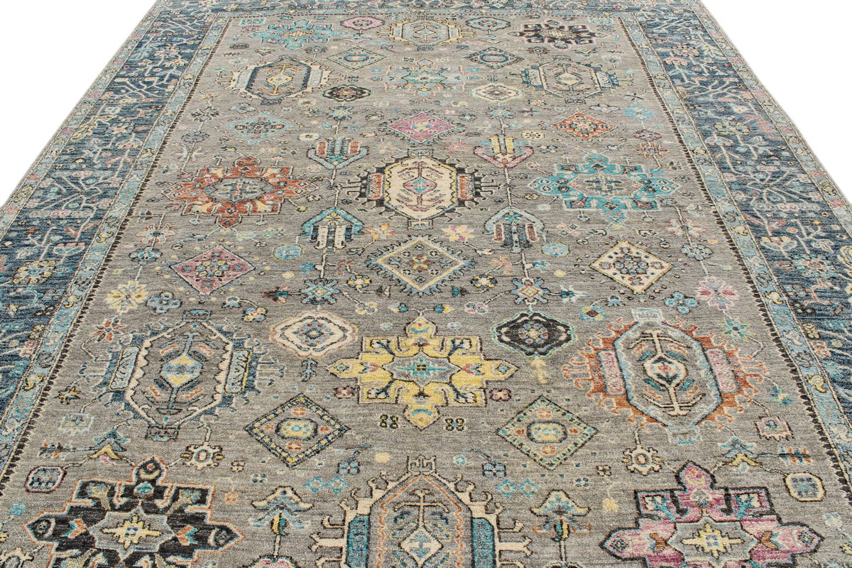 9x12 Gray and Navy Turkish Tribal Rug
