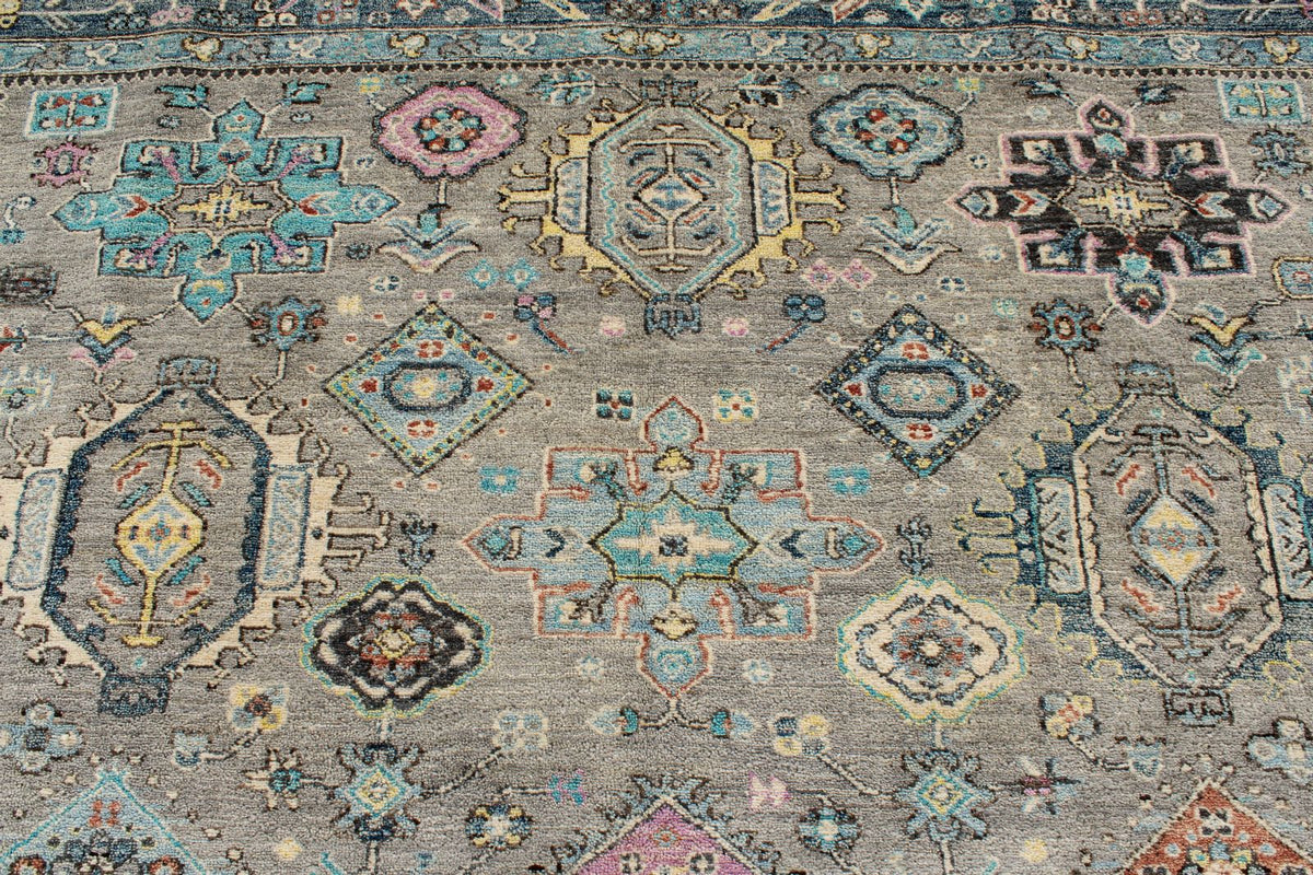 9x12 Gray and Navy Turkish Tribal Rug