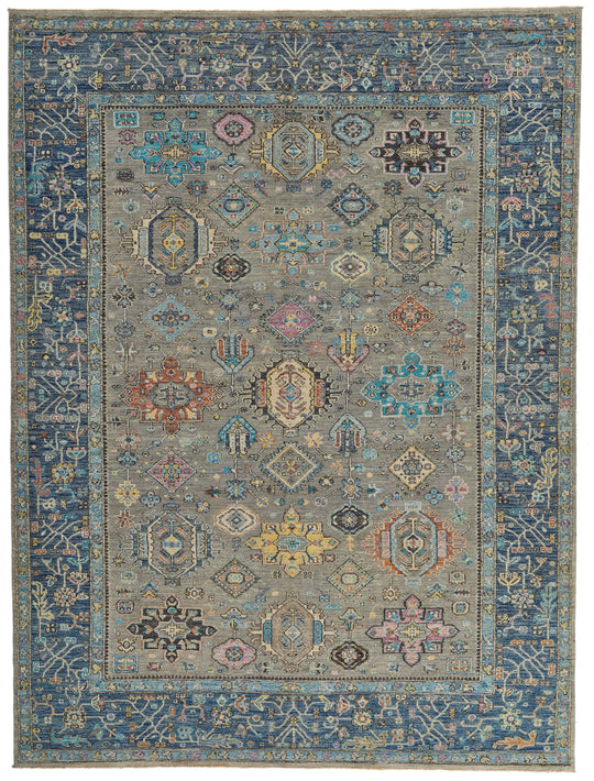 9x12 Gray and Navy Turkish Tribal Rug