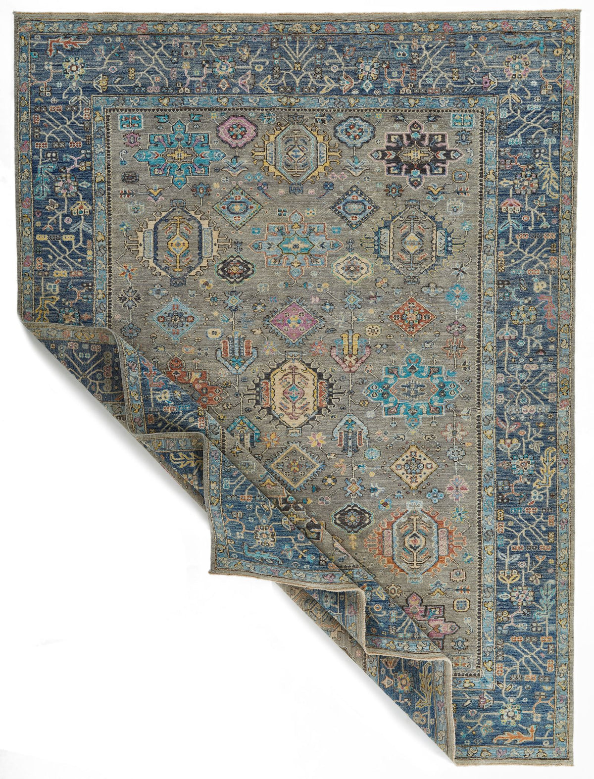 9x12 Gray and Navy Turkish Tribal Rug