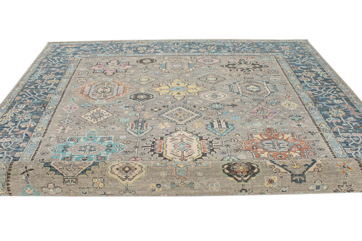 9x12 Gray and Navy Turkish Tribal Rug