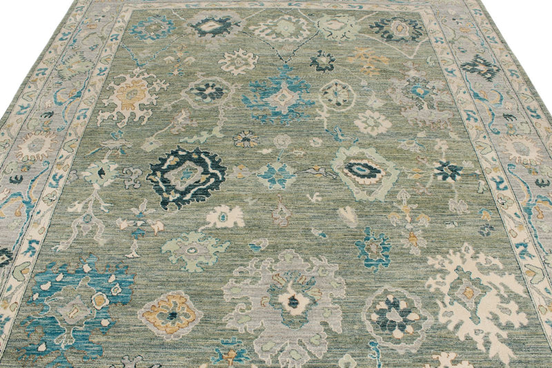 8x10 Green and Ivory Turkish Oushak Rug