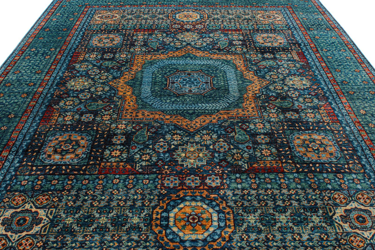 9x12 Navy and Green Turkish Tribal Rug
