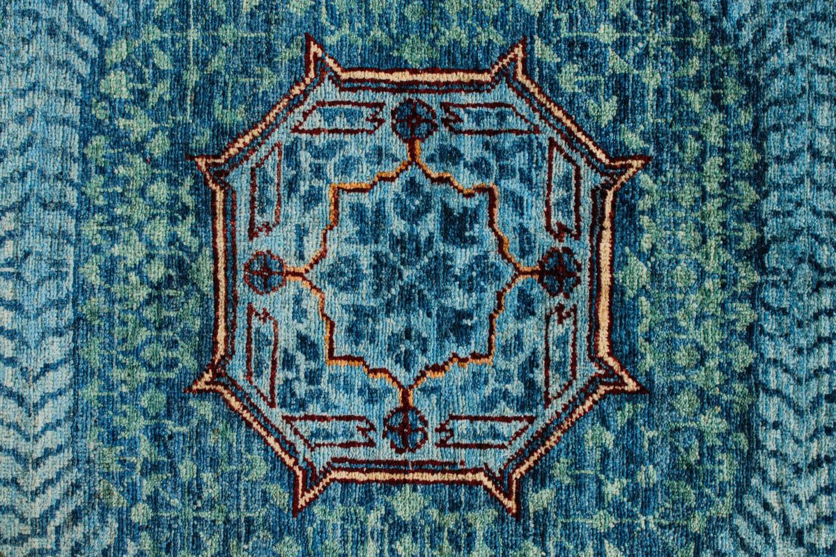 9x12 Navy and Green Turkish Tribal Rug