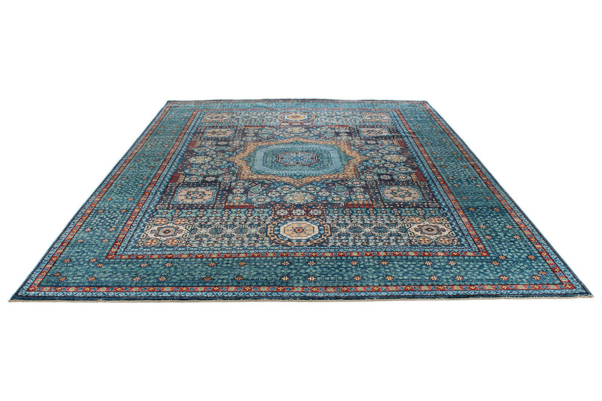 9x12 Navy and Green Turkish Tribal Rug