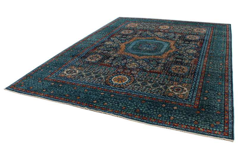 9x12 Navy and Green Turkish Tribal Rug