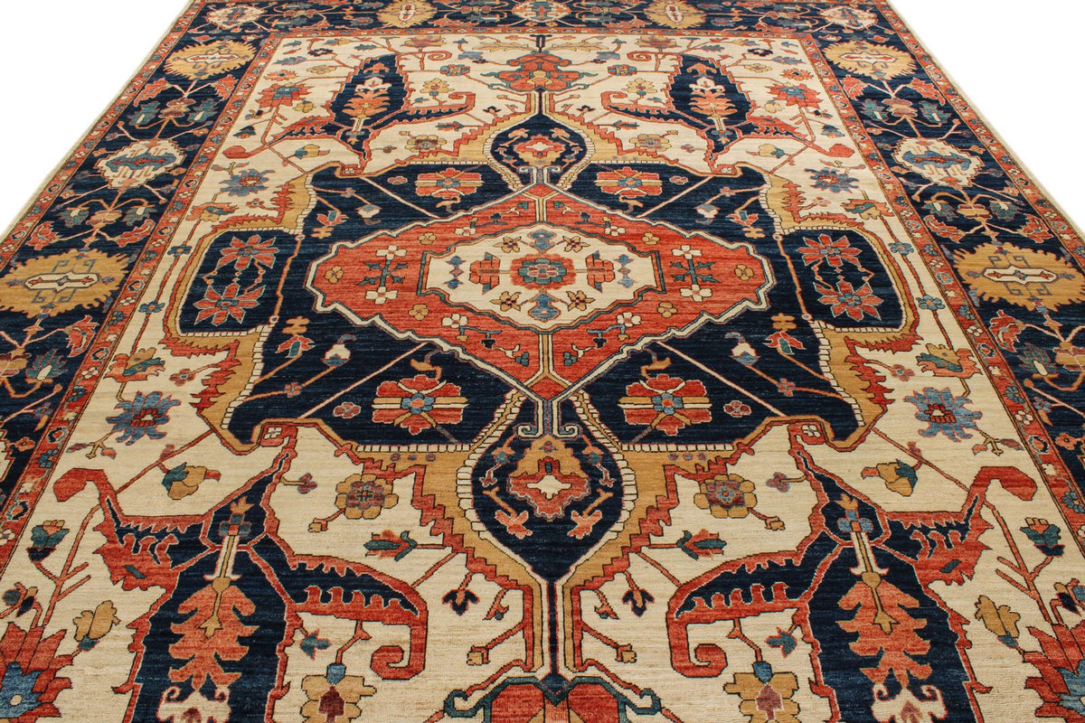 10x14 Ivory and Navy Anatolian Traditional Rug