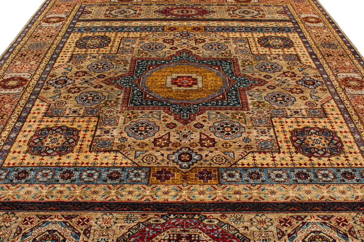 9x12 Ivory and Multicolor Turkish Tribal Rug