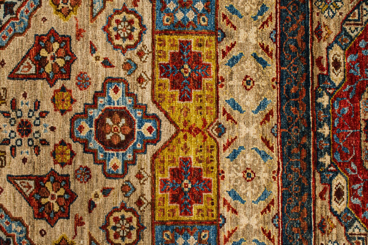 9x12 Ivory and Multicolor Turkish Tribal Rug