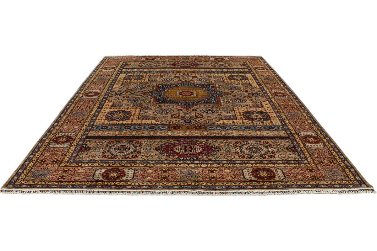 9x12 Ivory and Multicolor Turkish Tribal Rug
