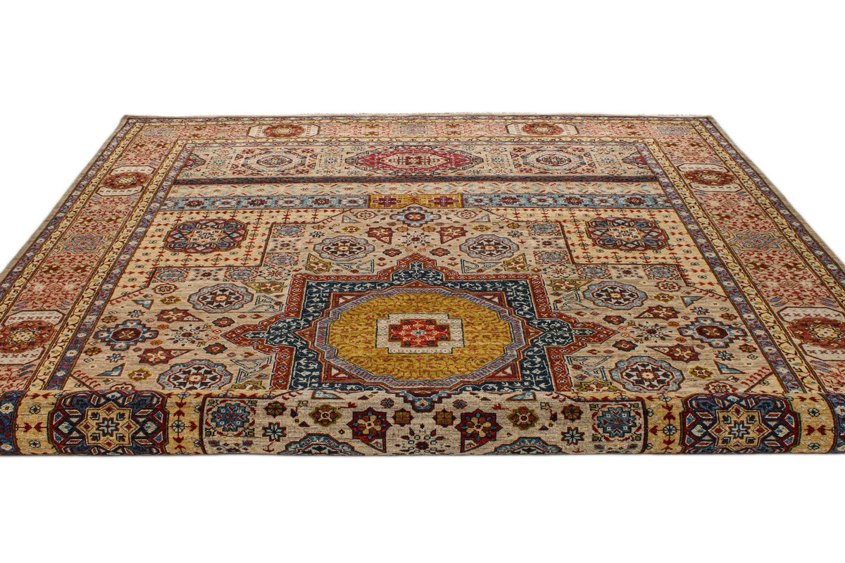 9x12 Ivory and Multicolor Turkish Tribal Rug