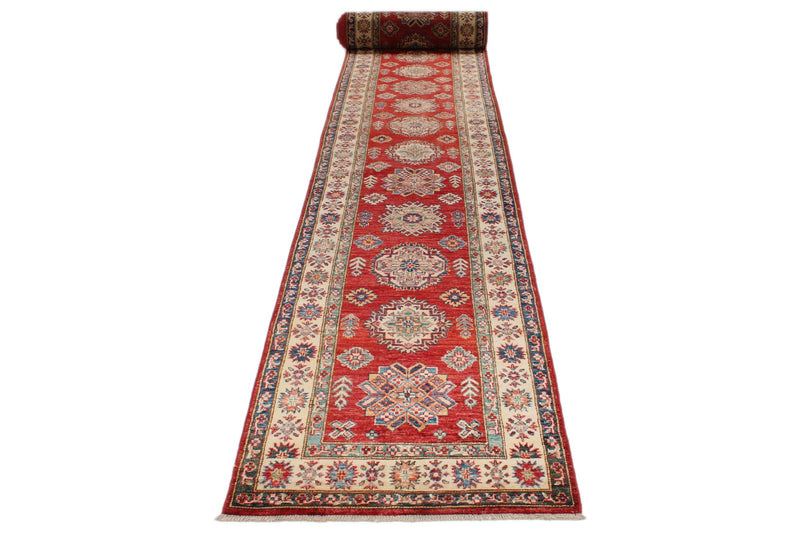 3x38 Red and Ivory Kazak Tribal Runner