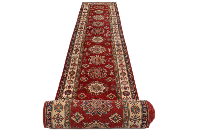 3x38 Red and Ivory Kazak Tribal Runner