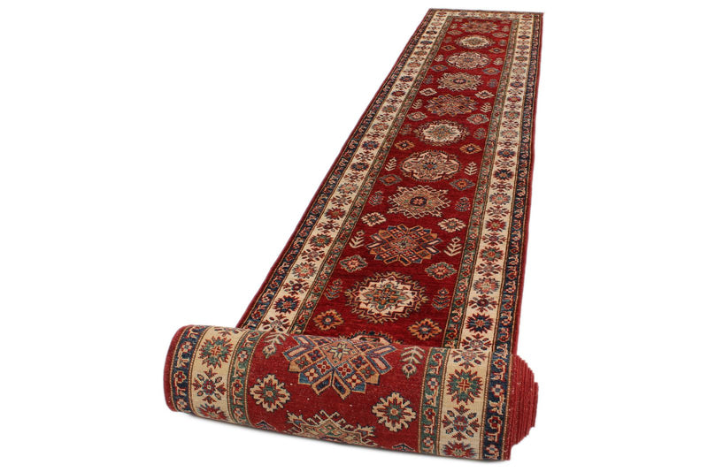 3x38 Red and Ivory Kazak Tribal Runner