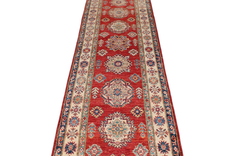 3x38 Red and Ivory Kazak Tribal Runner