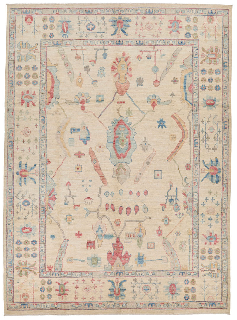 10x14 Ivory and Multicolor Turkish Oushak Rug