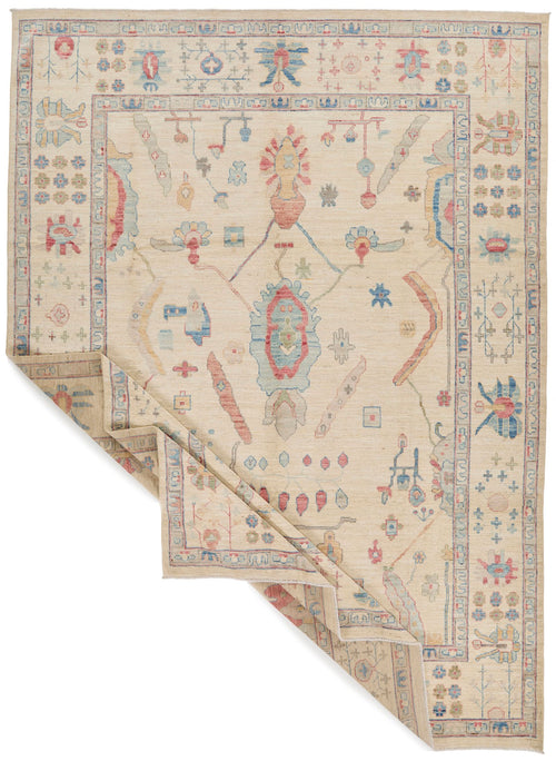 10x14 Ivory and Multicolor Turkish Oushak Rug