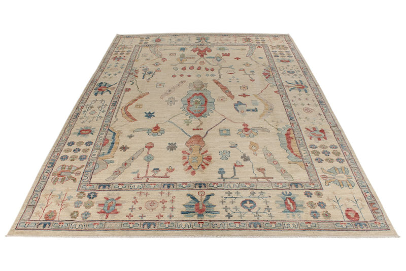 10x14 Ivory and Multicolor Turkish Oushak Rug