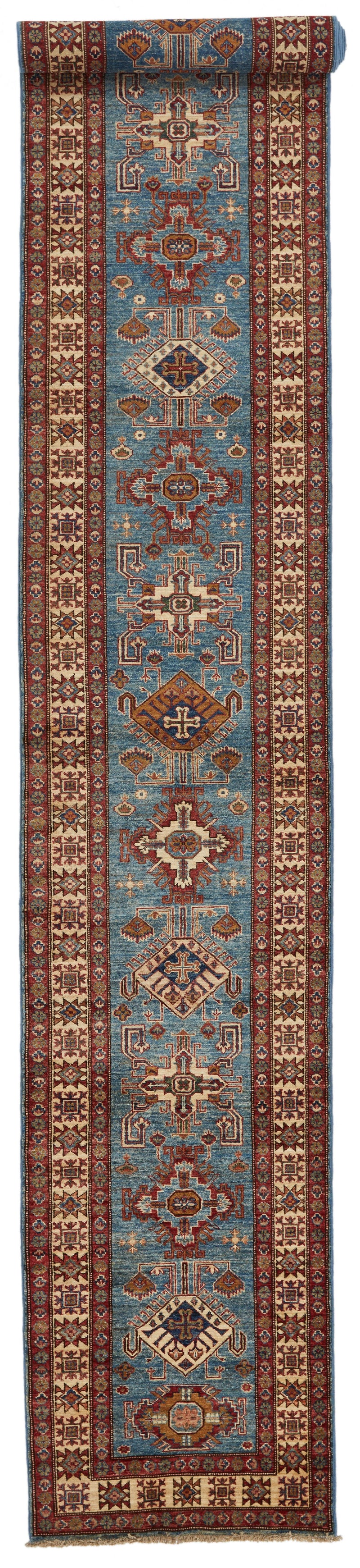 3x20 Light Blue and Ivory Kazak Tribal Rug