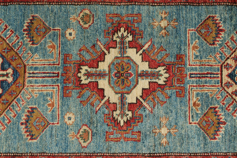 3x20 Light Blue and Ivory Kazak Tribal Rug