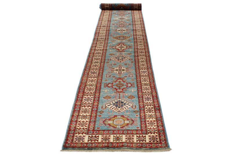 3x20 Light Blue and Ivory Kazak Tribal Rug