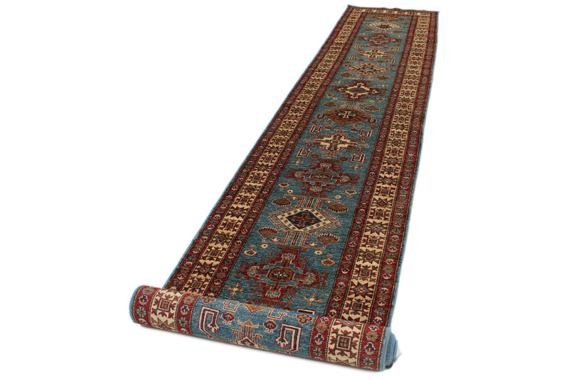 3x20 Light Blue and Ivory Kazak Tribal Rug
