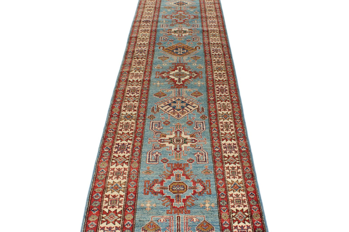 3x20 Light Blue and Ivory Kazak Tribal Rug