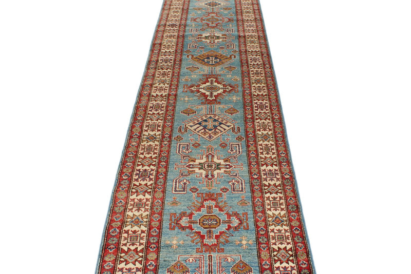 3x20 Light Blue and Ivory Kazak Tribal Rug