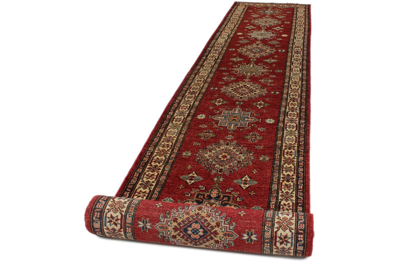 3x27 Red and Ivory Kazak Tribal Runner