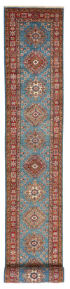 3x29 Light Blue and Red Kazak Tribal Runner