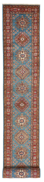 3x29 Light Blue and Red Kazak Tribal Runner