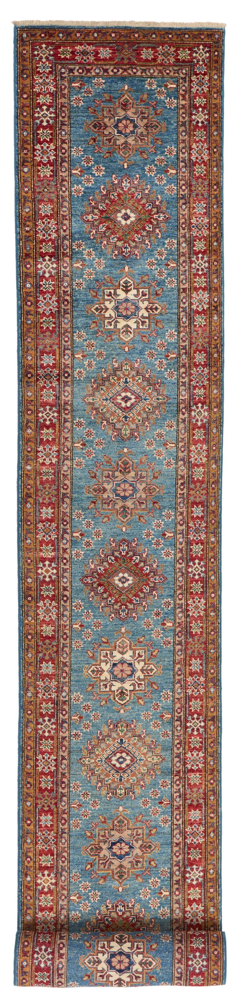 3x29 Light Blue and Red Kazak Tribal Runner