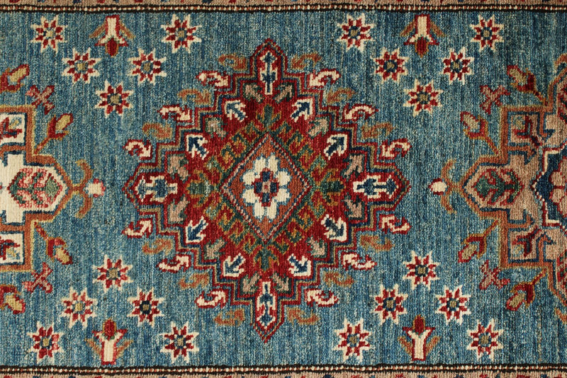 3x29 Light Blue and Red Kazak Tribal Runner