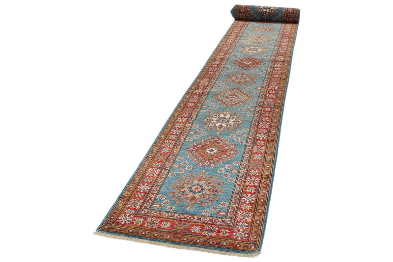 3x29 Light Blue and Red Kazak Tribal Runner