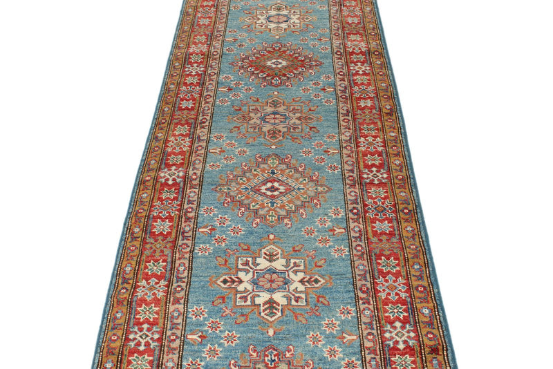 3x29 Light Blue and Red Kazak Tribal Runner