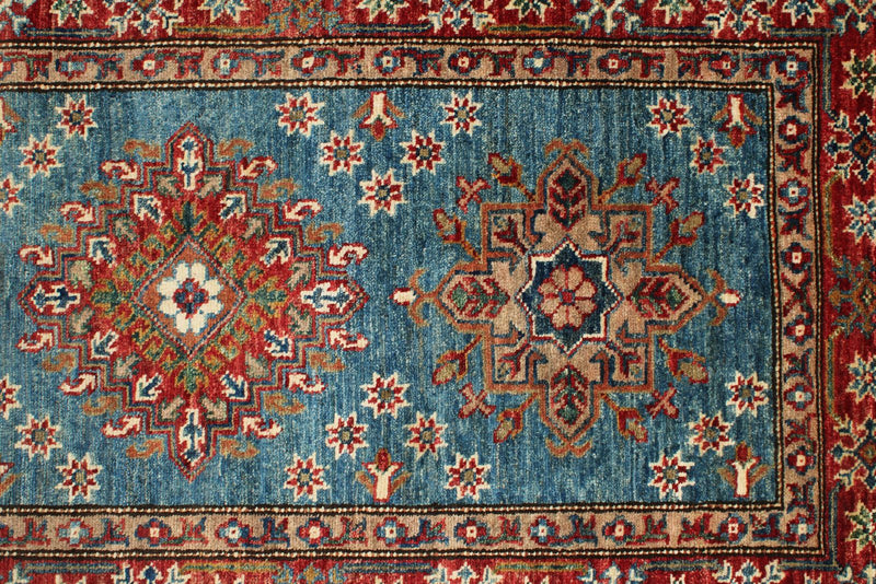 3x29 Light Blue and Red Kazak Tribal Runner