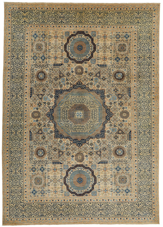 10x14 Ivory and Blue Turkish Tribal Rug